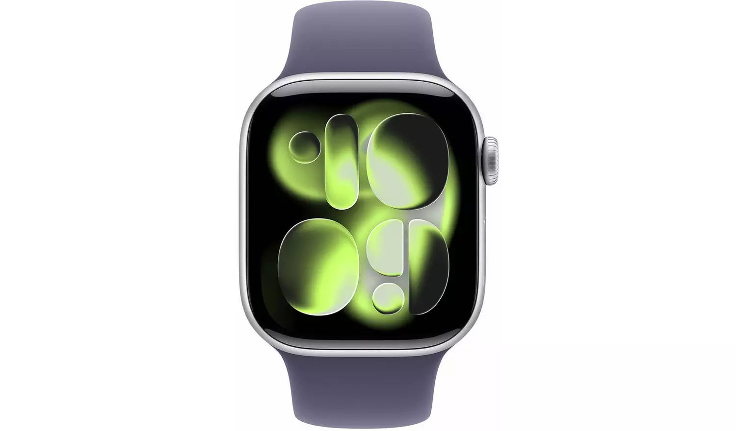 42mm smartwatch with purple fog sport band, angled front and side button