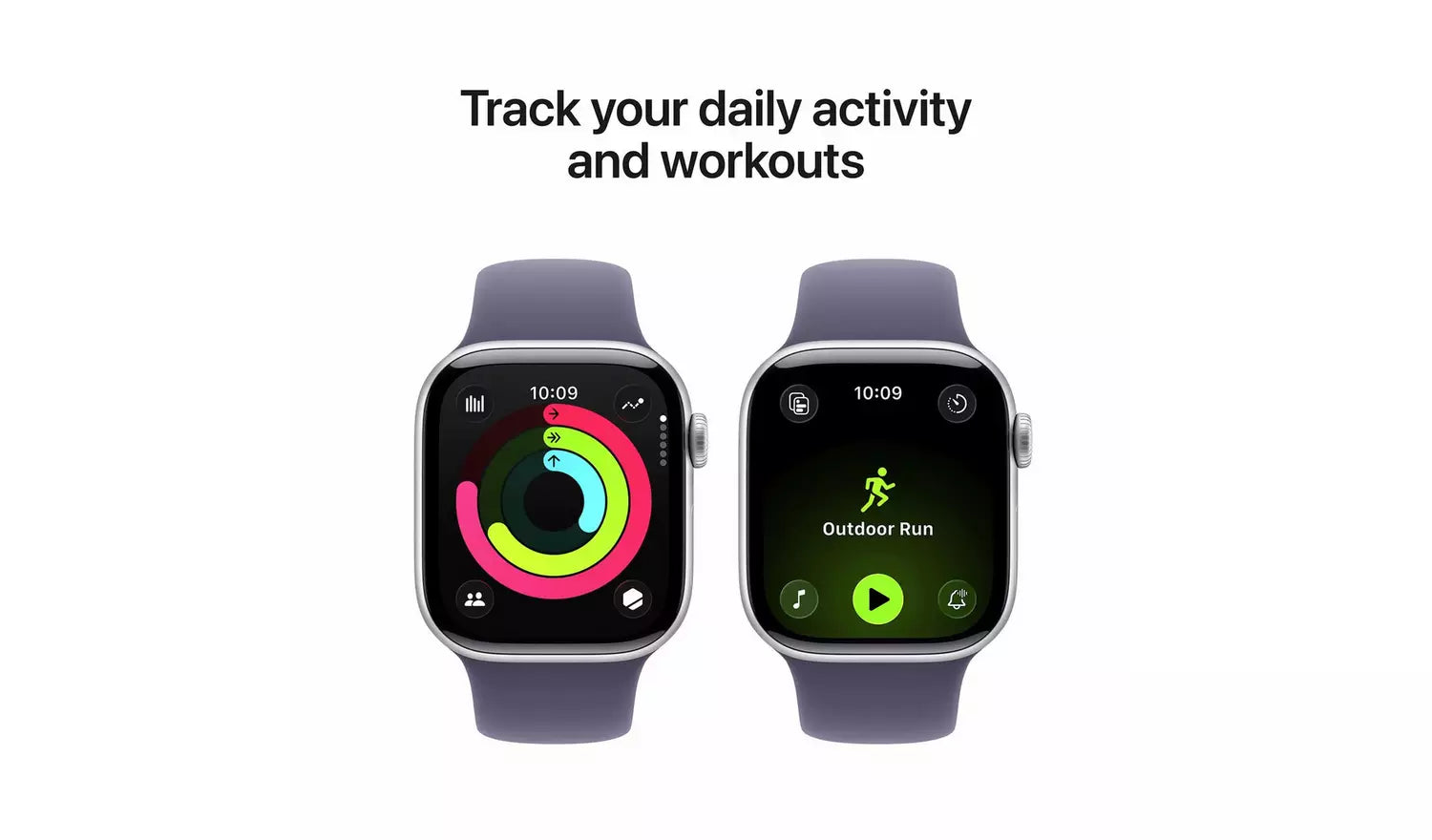 Two 42mm smartwatches with purple fog sport band, front views