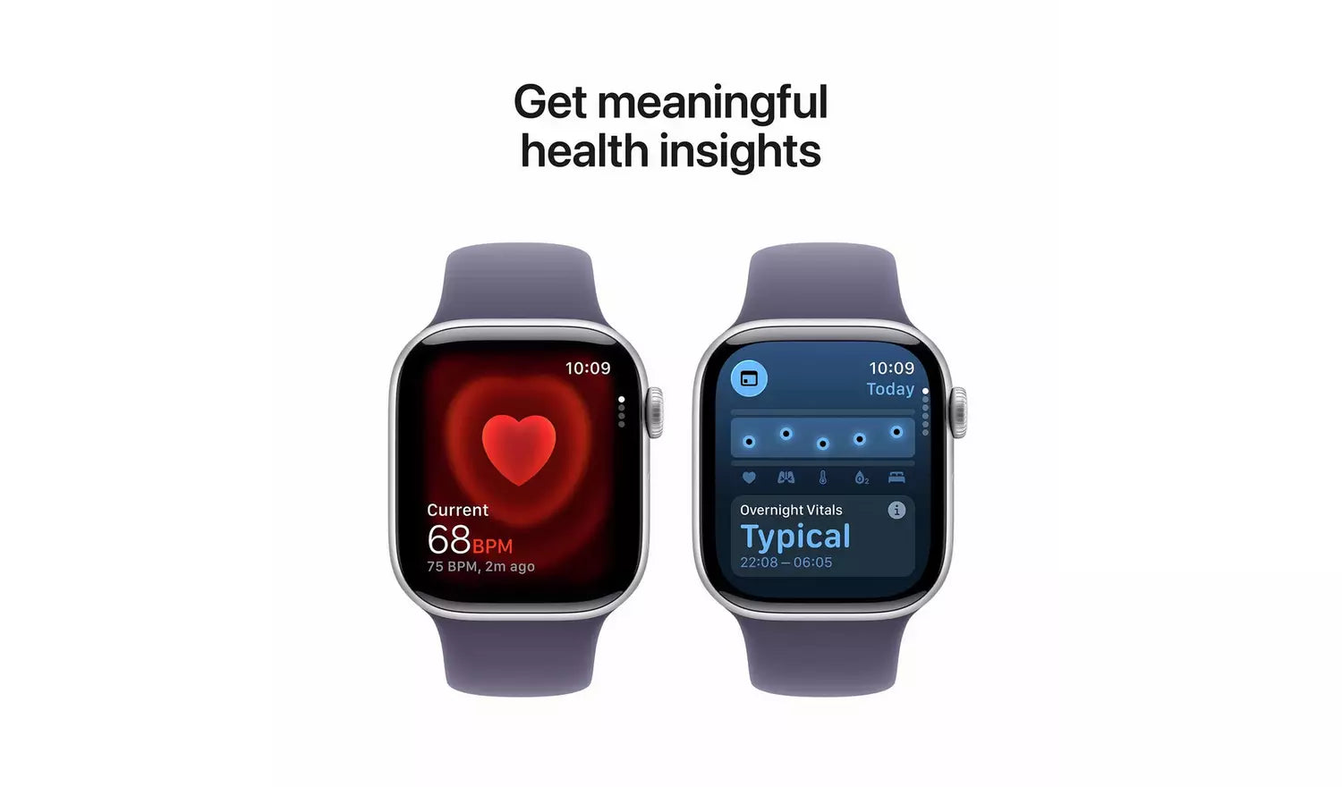 Two 42mm smartwatches with purple fog sport band, health screens shown