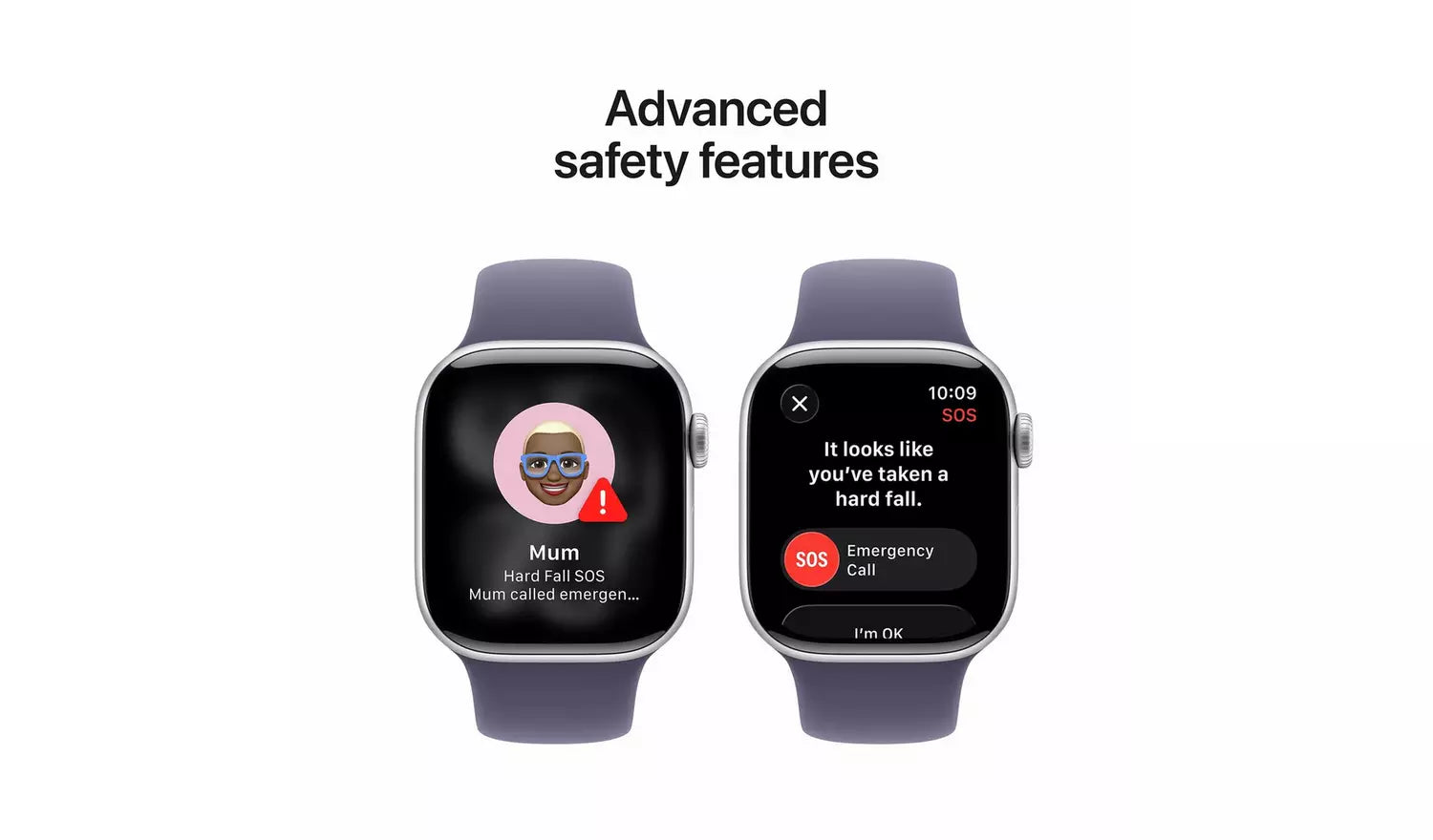 Two 42mm smartwatches with purple fog sport band, safety feature screens