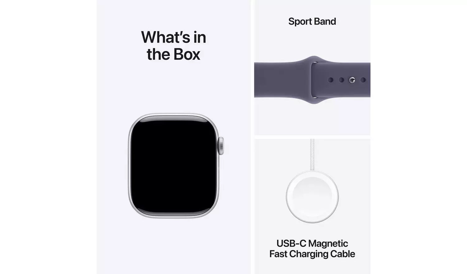 Watch box contents: sport band, smartwatch, and USB‑C magnetic fast charging cable