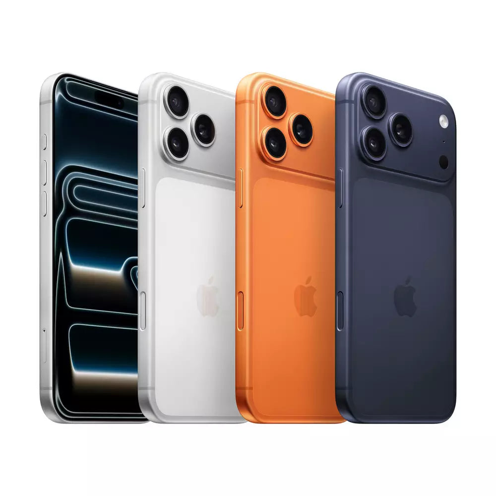 Multiple iPhone 17 Pro Max phones, including Silver and dark blue backs