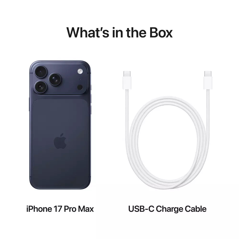 iPhone 17 Pro Max in deep blue with USB-C charge cable