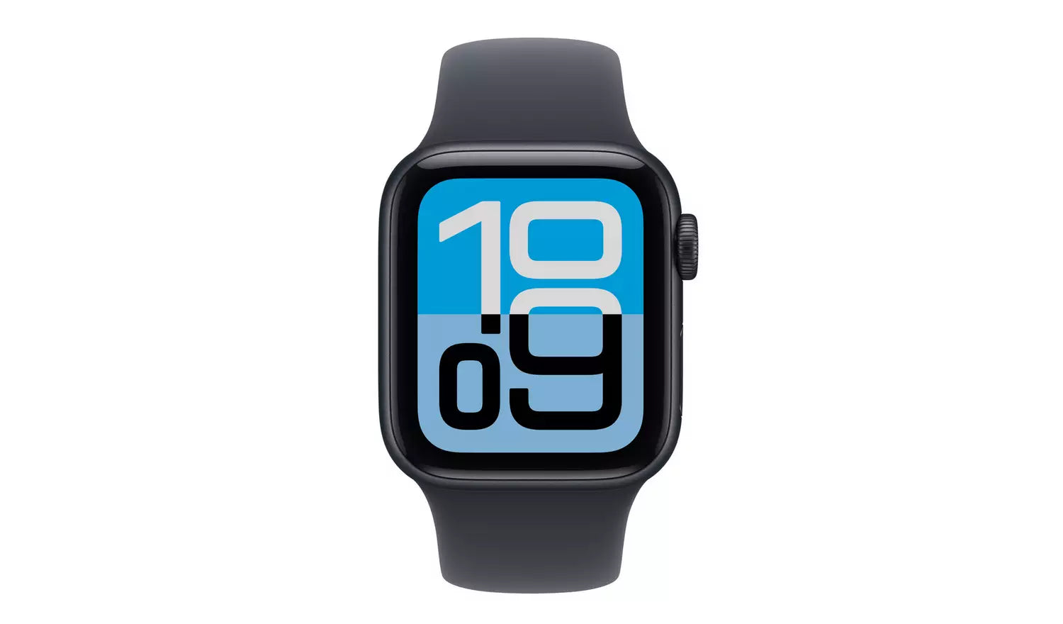 Apple Watch SE 3 40mm midnight Sport Band, front view with digital watch face