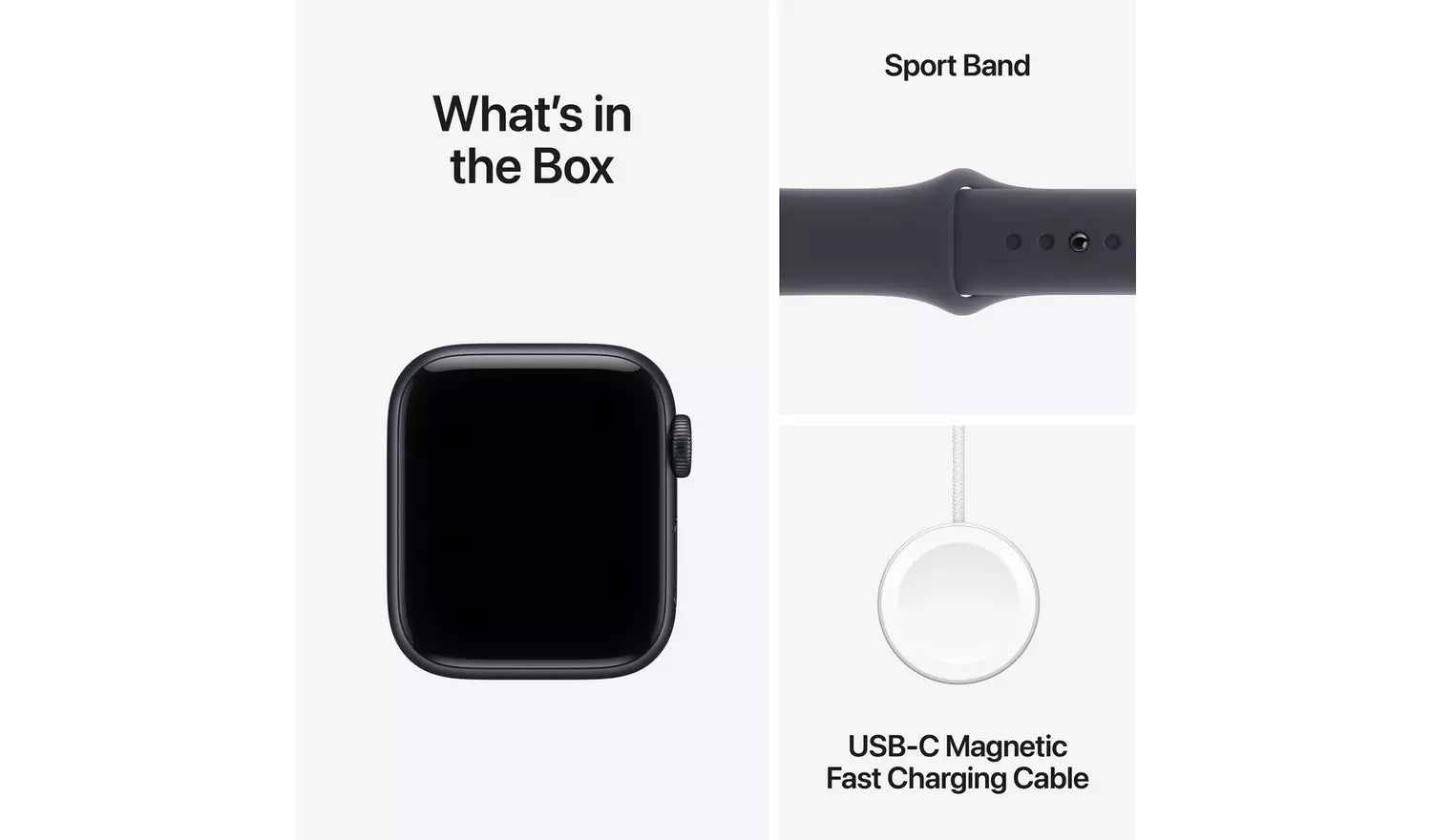 Box contents: smartwatch with Sport Band and USB-C magnetic fast charging cable