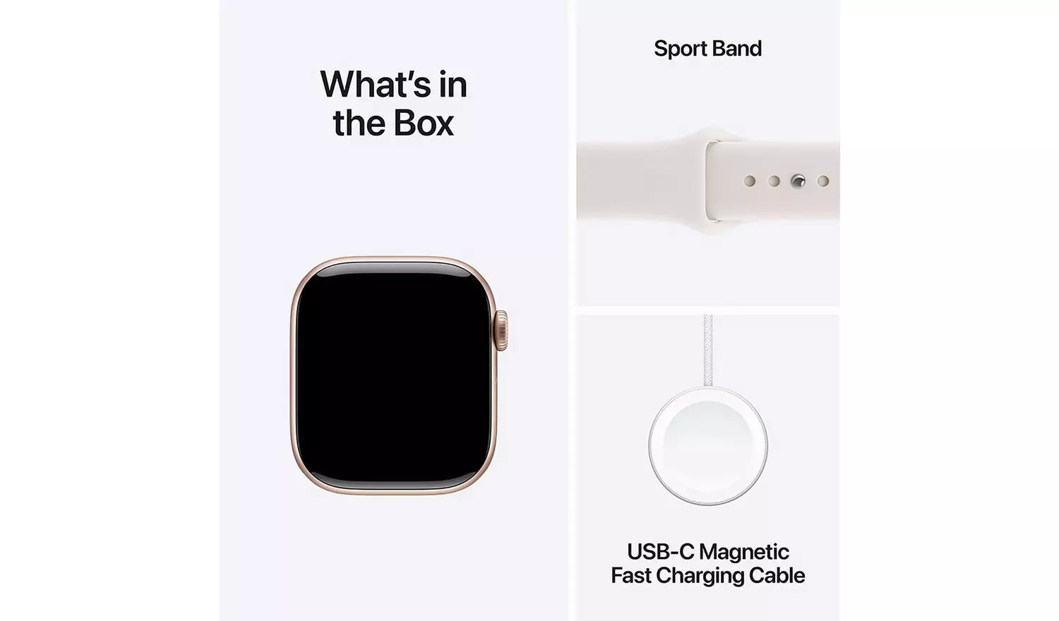 Apple Watch mit Sportarmband und USB-C-Magnet-Ladekabel, Boxinhalt