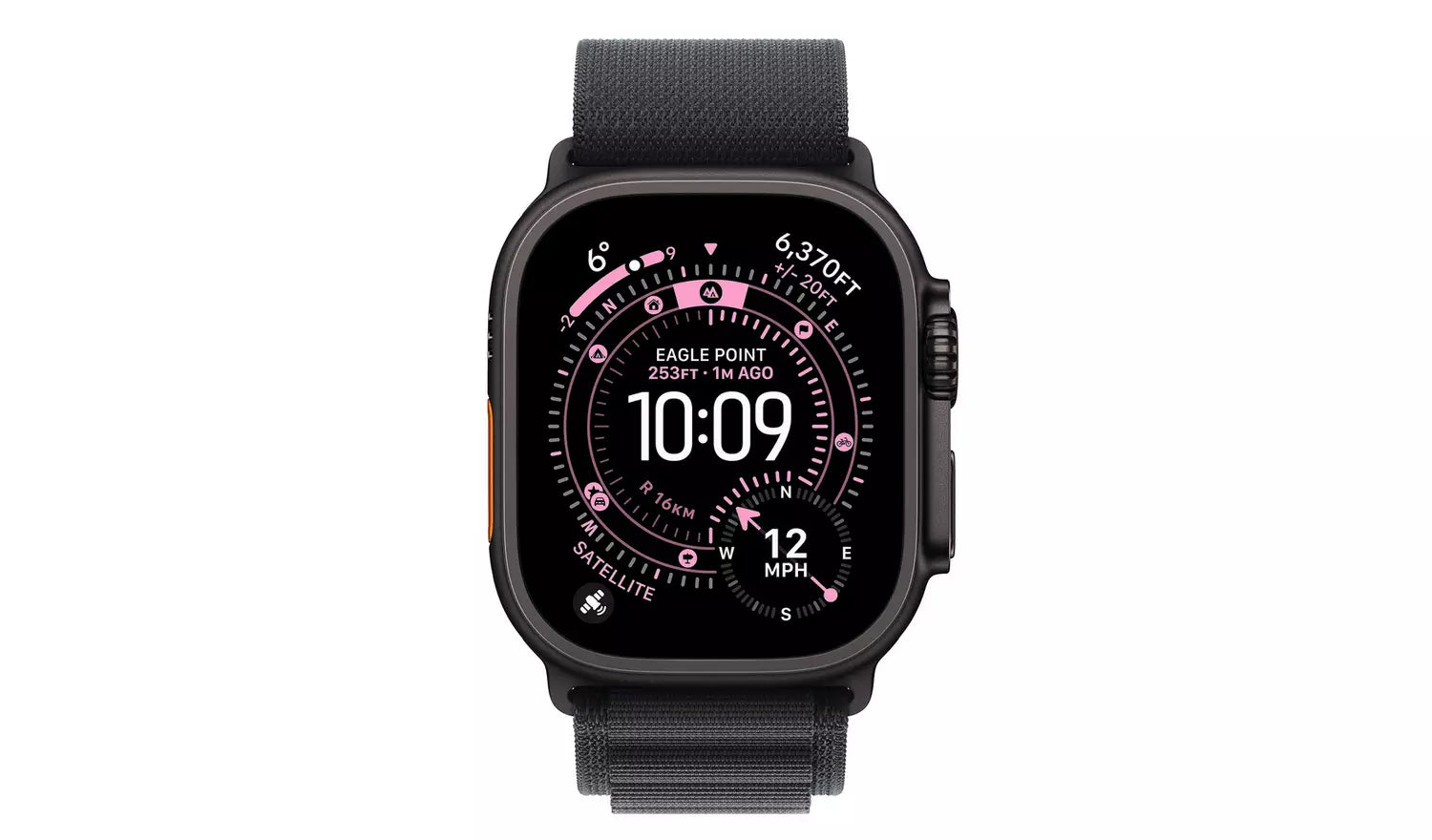 Black Apple Watch Ultra 3 with black fabric Alpine Loop (M), front display visible