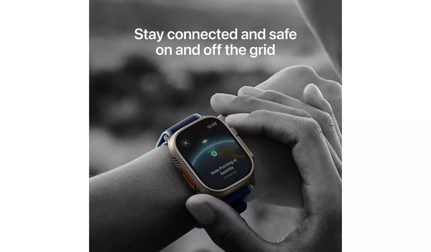 Black Apple Watch Ultra 3 on wrist with black Alpine Loop (M), watch face on