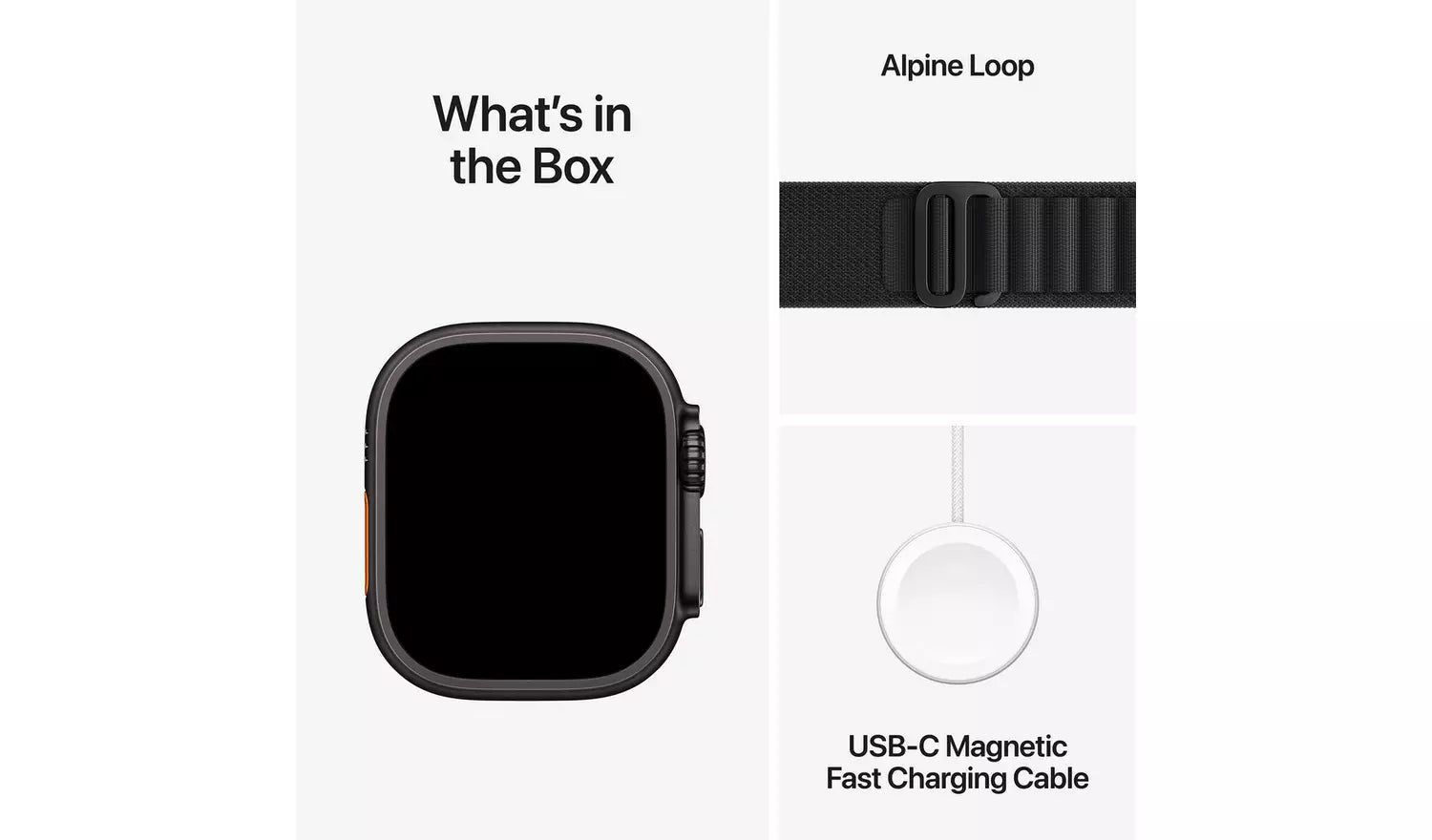 Apple Watch Ultra 3 in box: black case, Alpine Loop detail, USB‑C fast charging cable