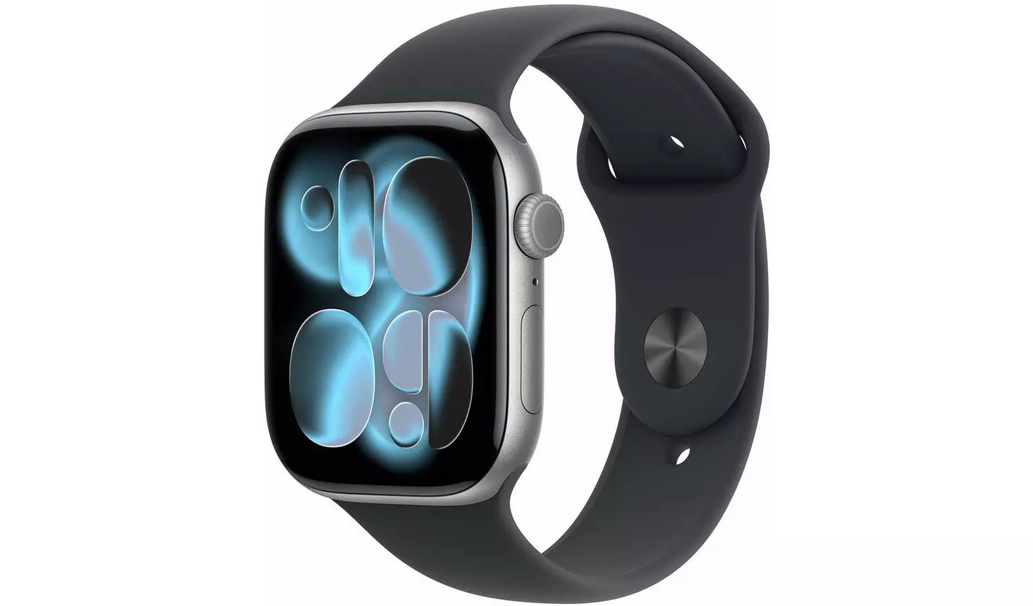 Apple Watch Series 11 42mm, jet black sport band S/M, front view