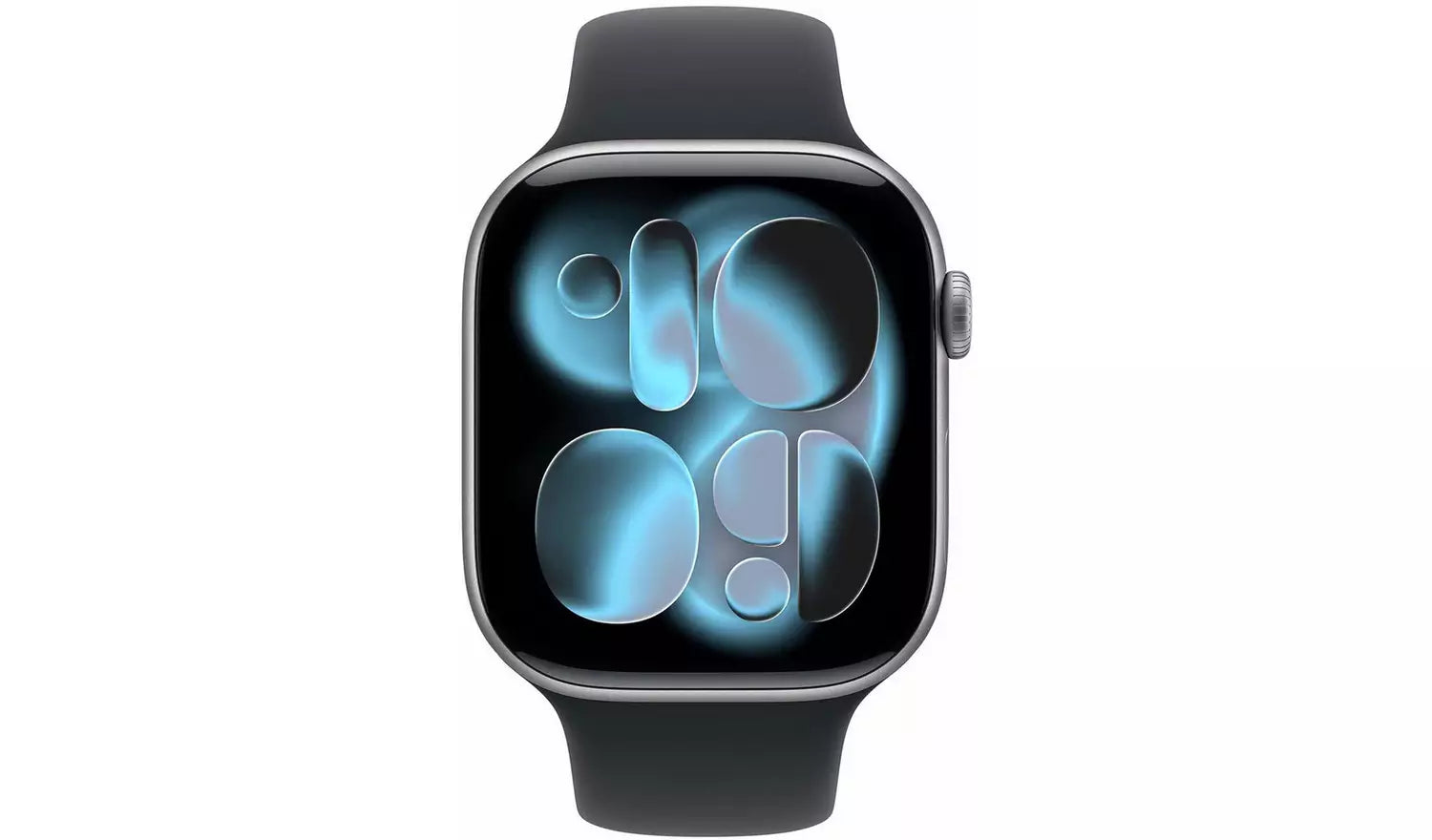 Jet black 42mm Apple Watch with sport band S/M, side profile