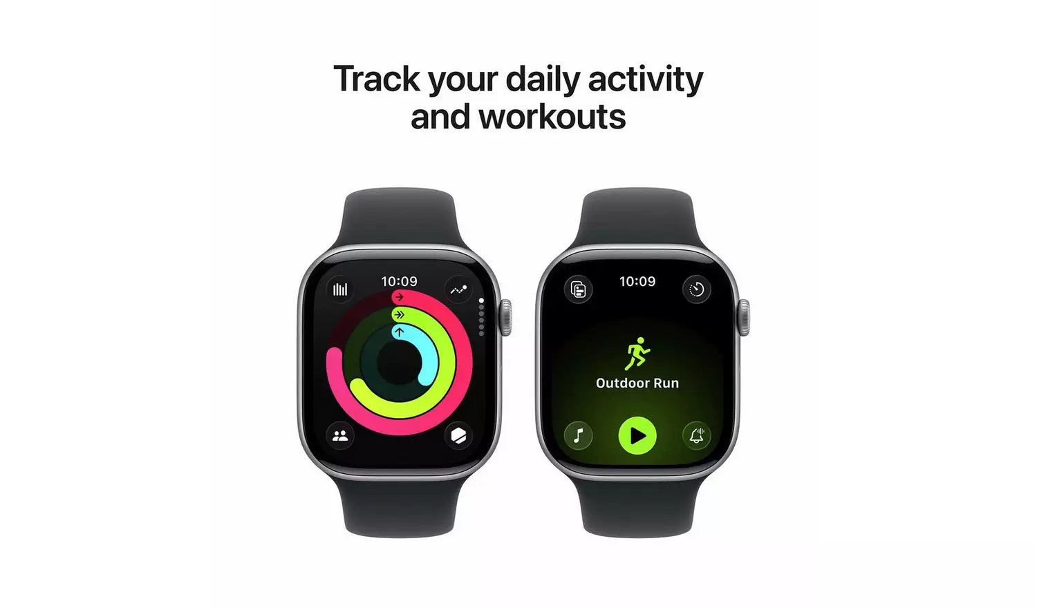 Jet black Apple Watch with sport band, front and back views shown