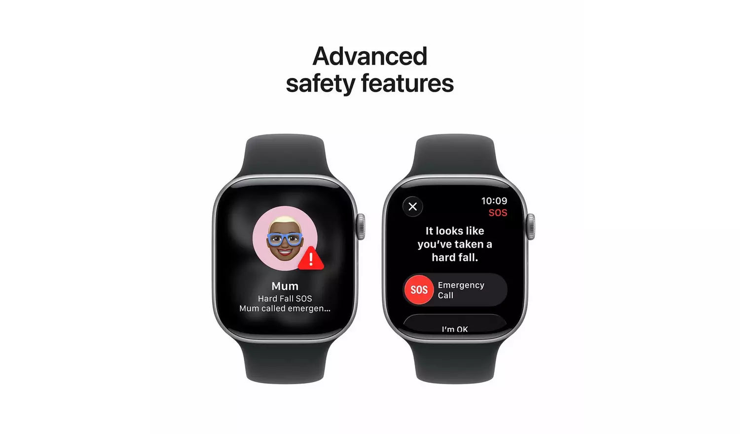 Jet black Apple Watch with sport band, SOS and emergency call screens