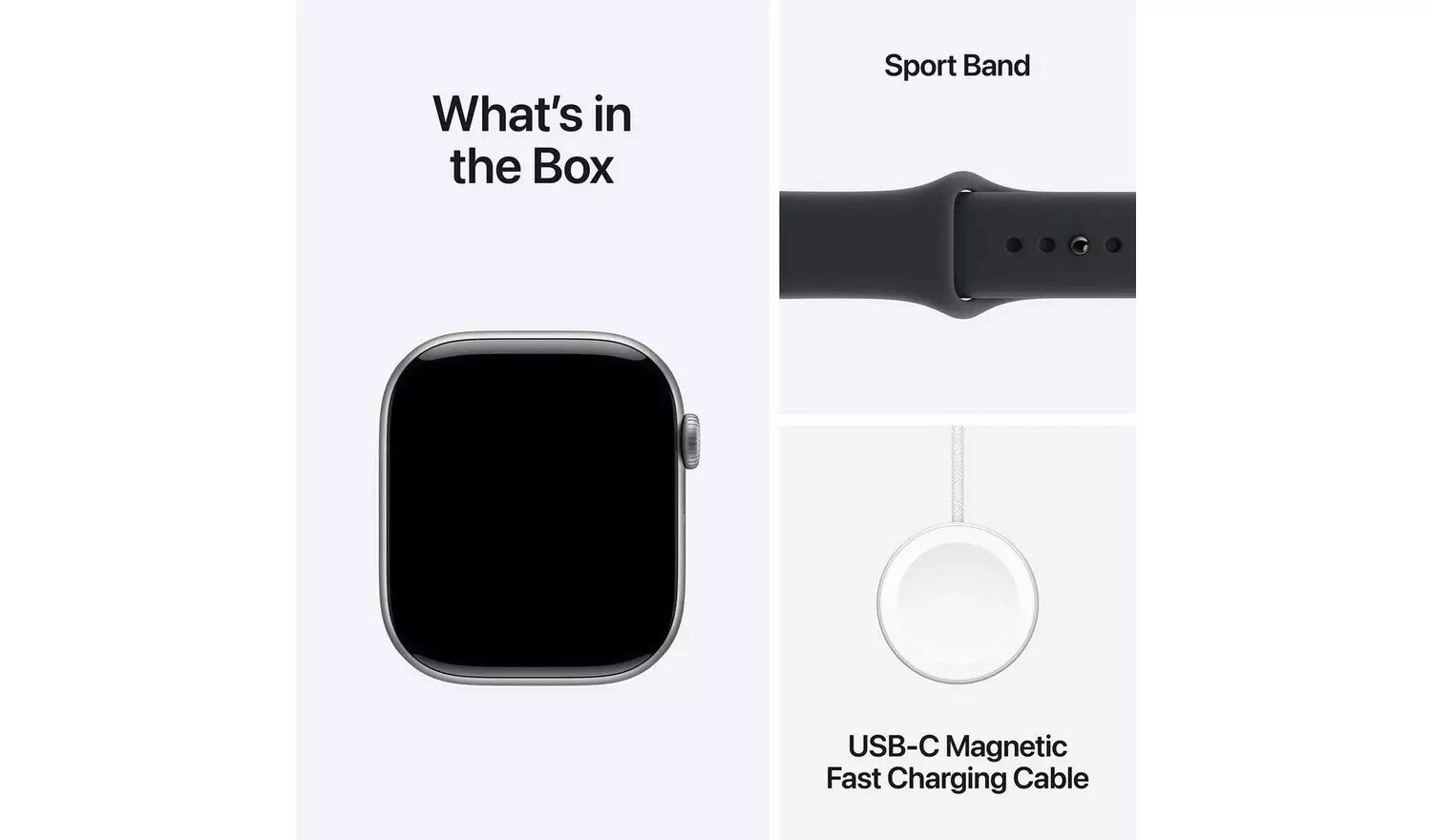 Jet black sport band Apple Watch with charging cable and band shown in box
