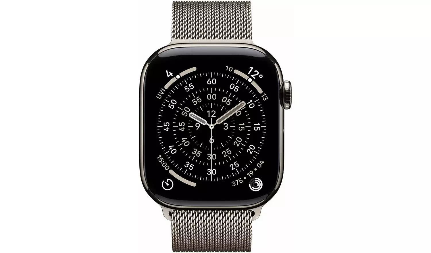 Apple Watch 42 mm con Natural Milanese Loop y esfera negra en la pantalla