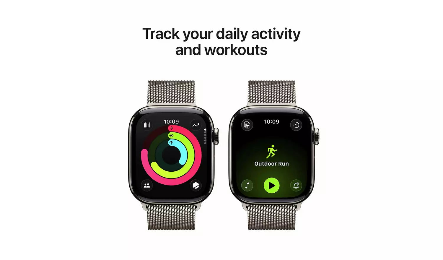 Dos vistas de Apple Watch con correa Milanese natural y pantalla de actividad