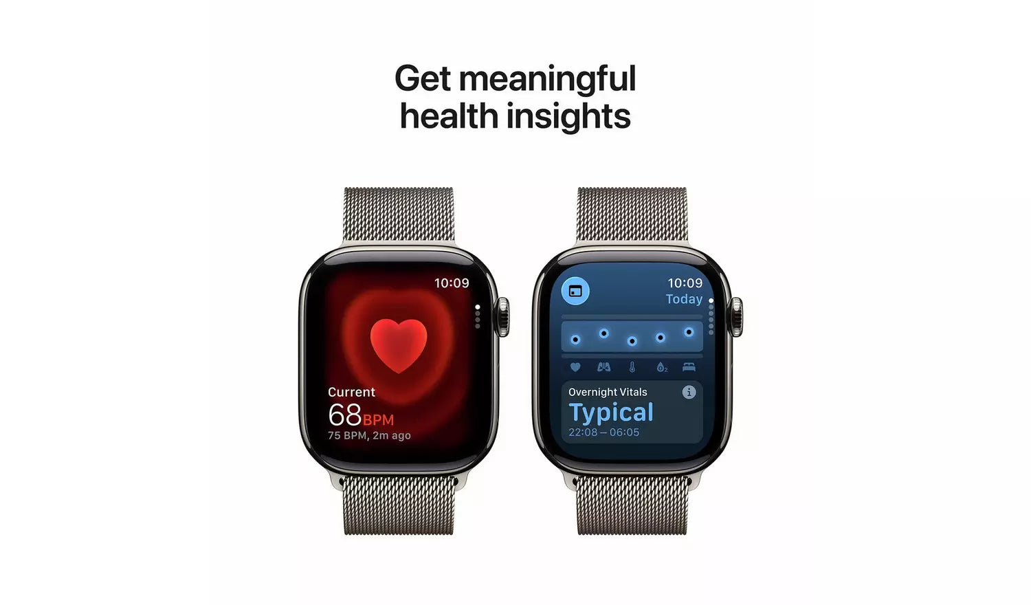 Apple Watch con pantalla de salud roja y azul y correa Milanese natural