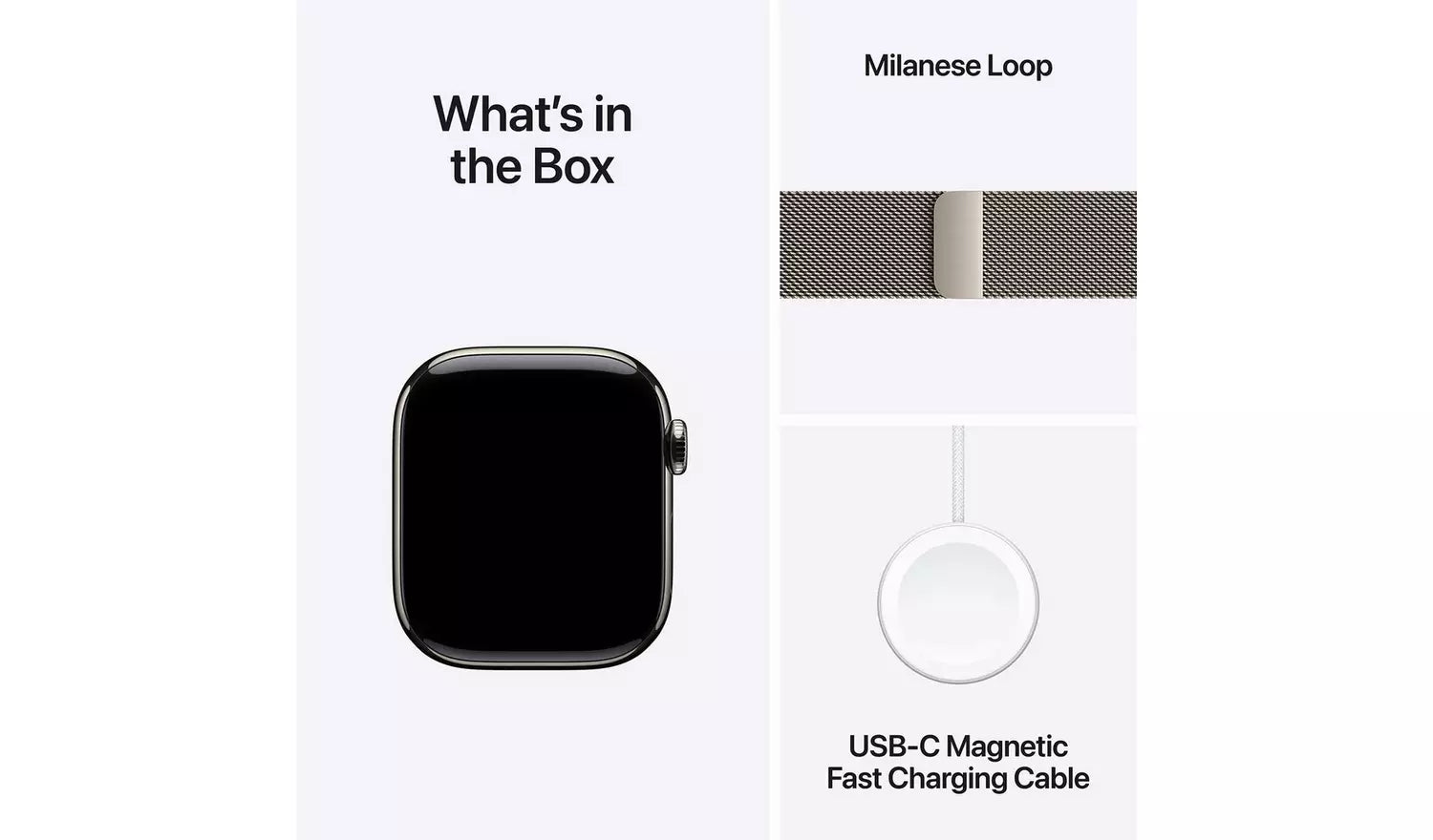Contenido: reloj con pantalla negra, Natural Milanese Loop y cable USB‑C magnético
