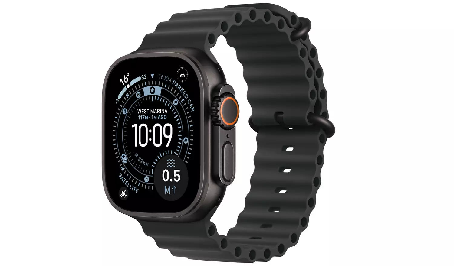 Apple Watch Ultra 3 with black Ocean Band, GPS + cellular titanium smartwatch front view