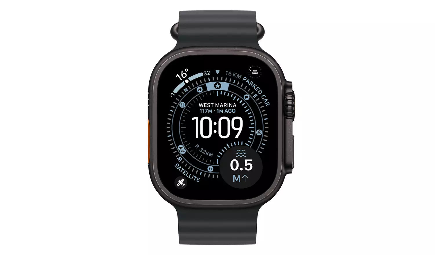 Apple Watch Ultra 3 with black Ocean Band, titanium smartwatch front, side buttons visible