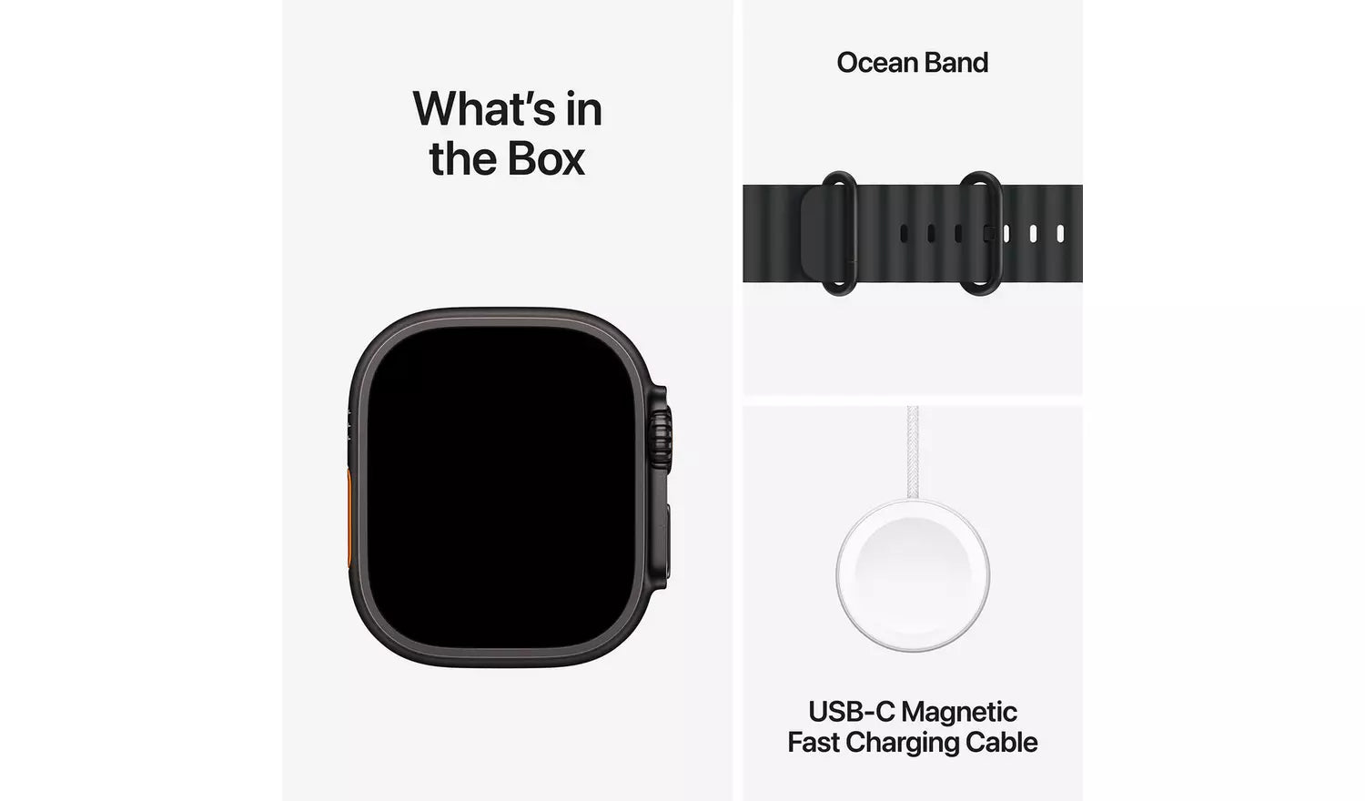 Watch contents: display, black Ocean Band strap, and USB‑C fast charging cable