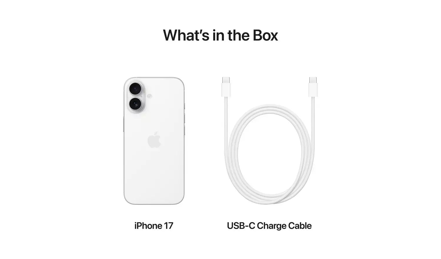 iPhone 17 5G mit USB‑C Ladekabel (Verpackungsinhalt), weißes Modell