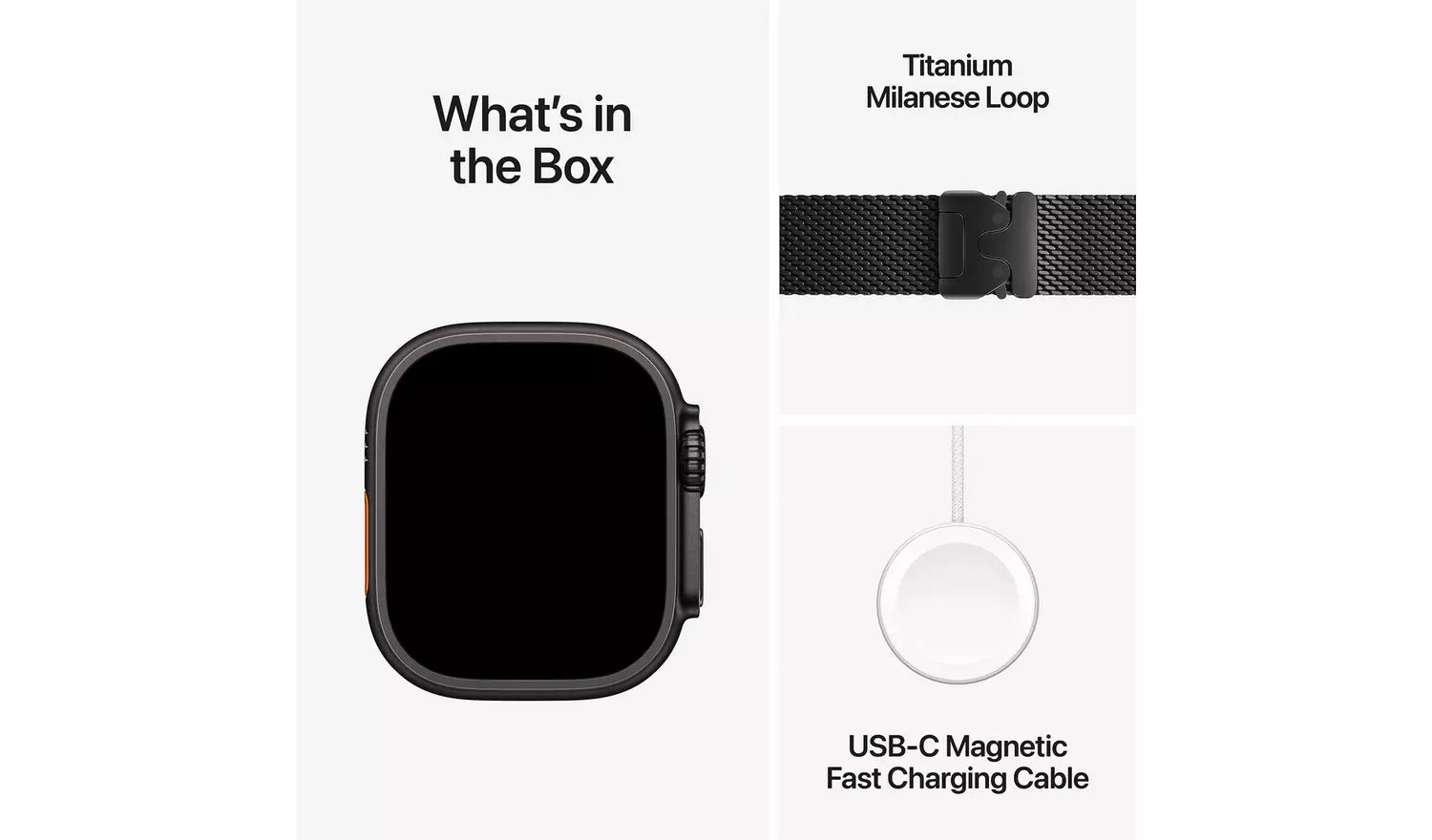 Box contents: Apple Watch Ultra 3, Milanese loop strap, USB‑C magnetic fast charging cable