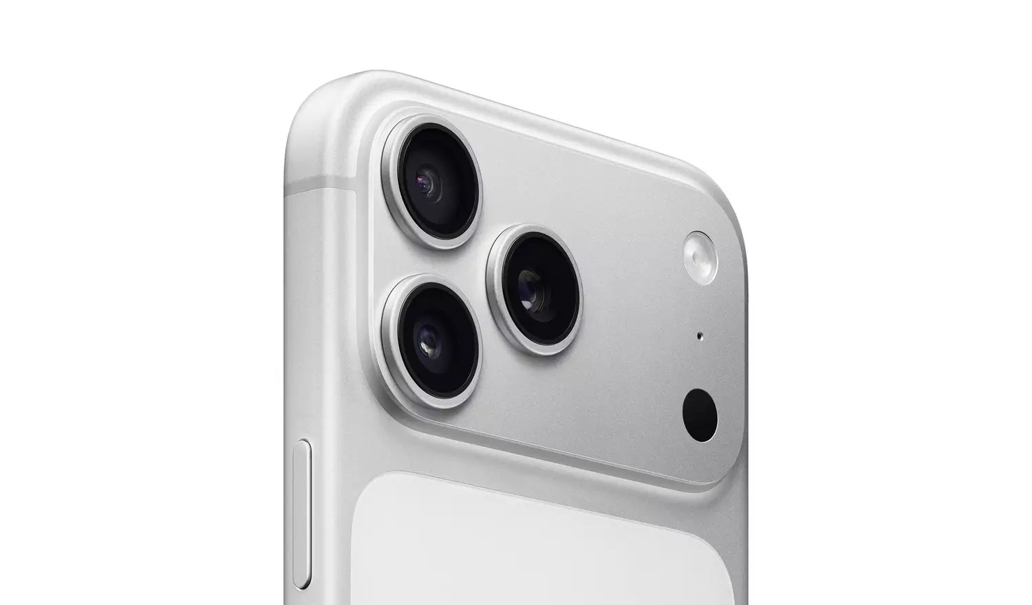 Silbernes iPhone 17 Pro Max, Nahaufnahme der Dreifachkamera auf der Rückseite
