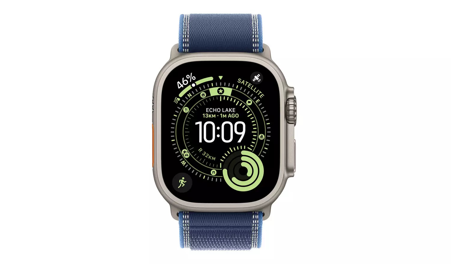 Apple Watch Ultra 3 49mm mit blauem Trail-Loop Armband und Satelliten-Display