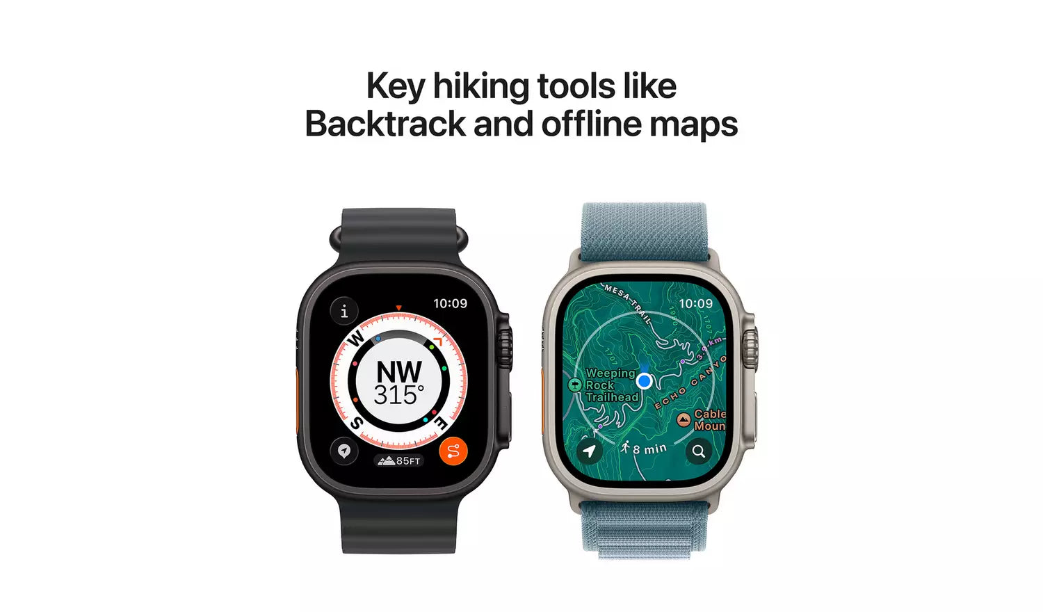 49mm smartwatch mit Kartenansicht: schwarze und hellblaue Armbänder nebeneinander
