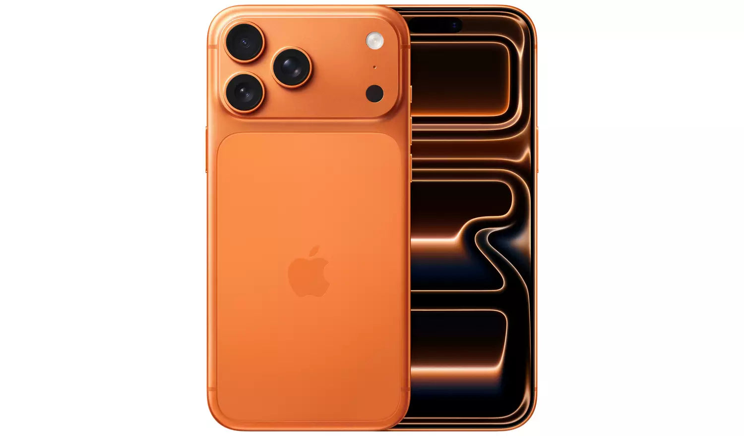 iPhone 17 Pro Max back and front with triple rear cameras; orange finish