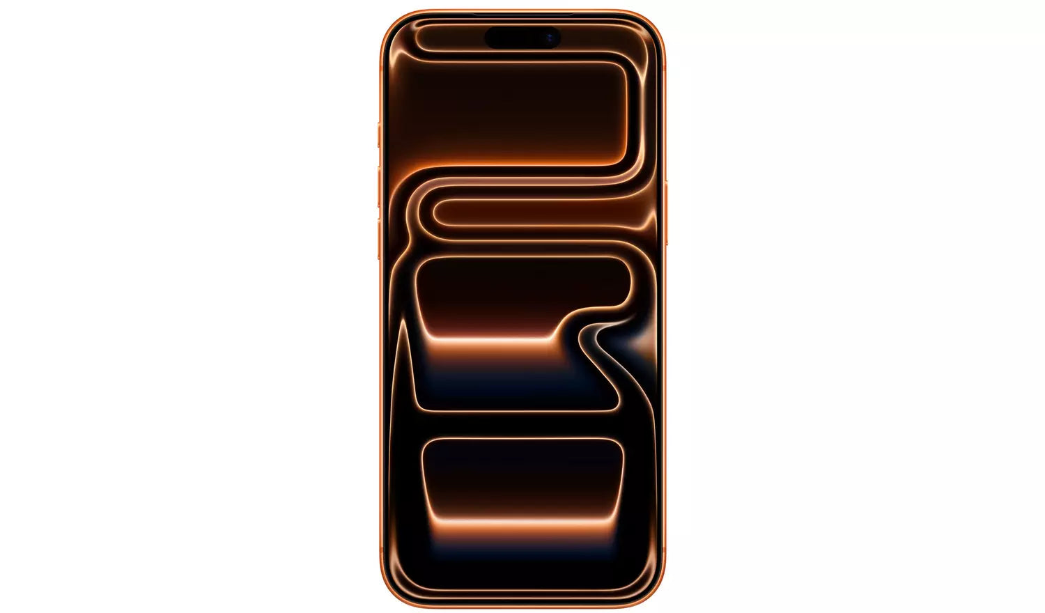 iPhone 17 Pro Max front view with edge-lit display; orange frame