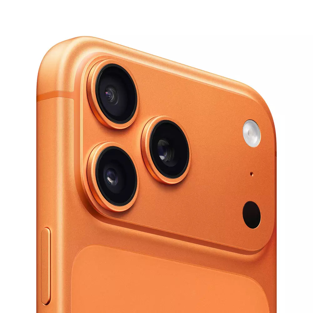 iPhone 17 Pro Max close-up of triple camera lenses; orange back