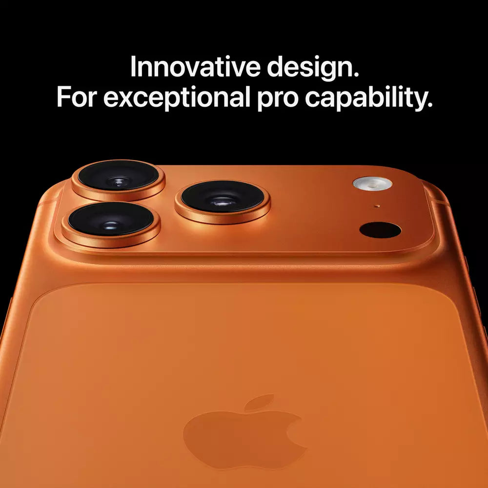 iPhone 17 Pro Max rear close-up with triple cameras; orange finish