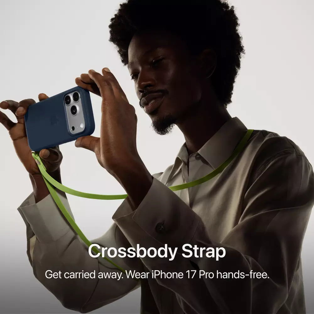 iPhone 17 Pro Max with crossbody strap, dark blue back (256GB)