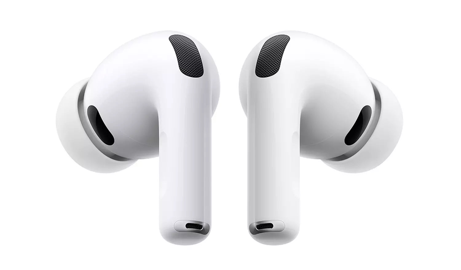 White AirPods Pro 3 earbuds, front view with black speaker openings
