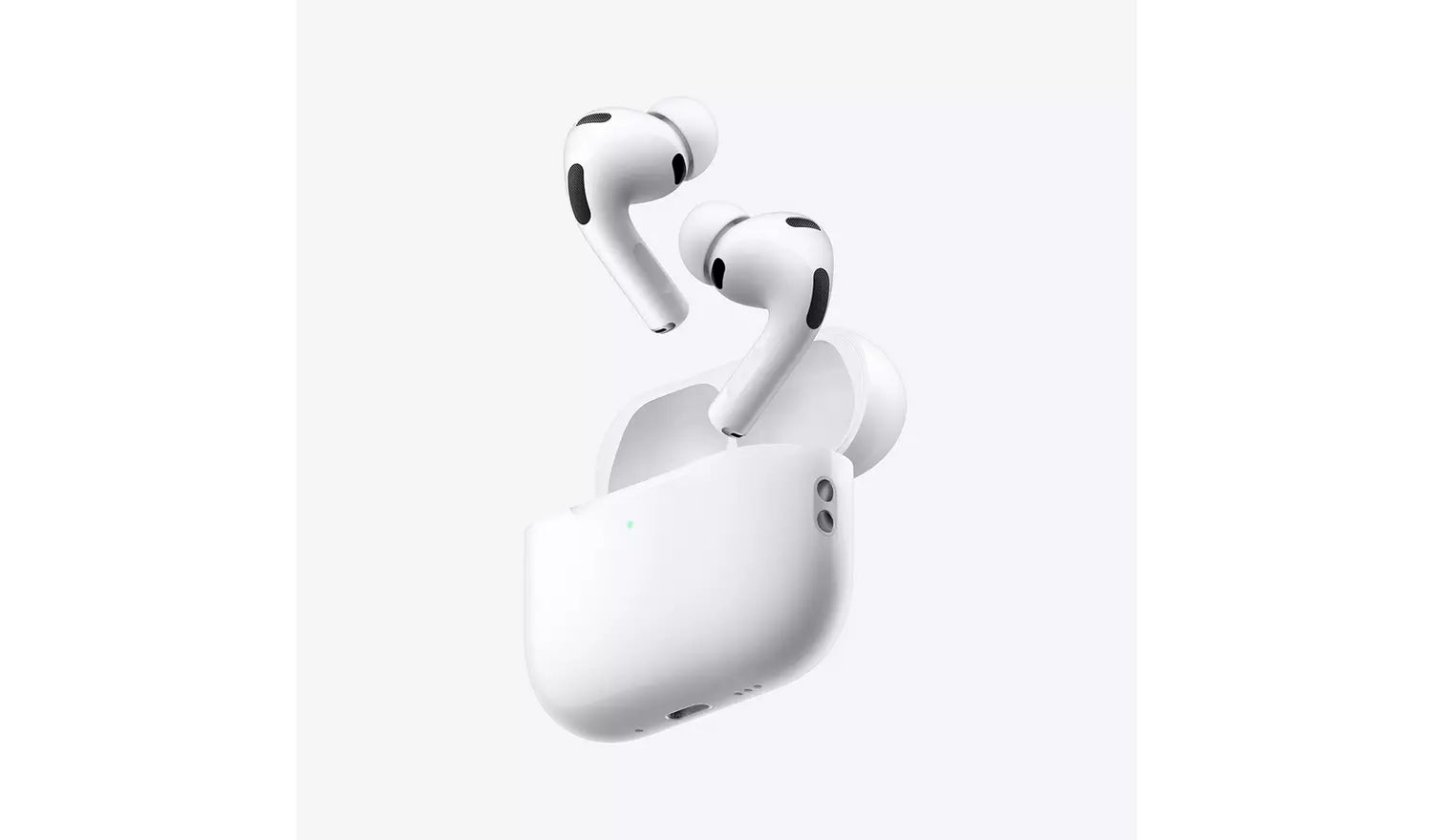 White AirPods Pro 3 earbuds in a closed white MagSafe charging case