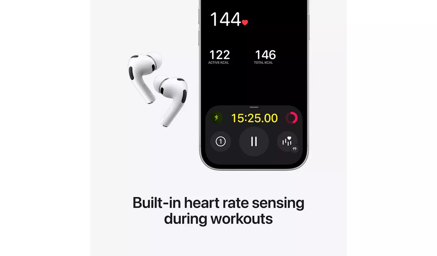 White AirPods Pro 3 earbuds beside a phone showing heart-rate workout stats