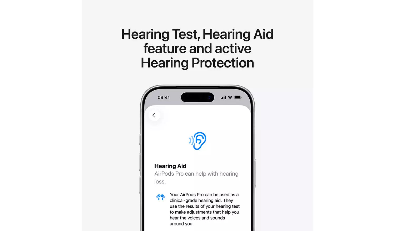 White AirPods Pro 3 earbuds with a phone display for Hearing Aid feature