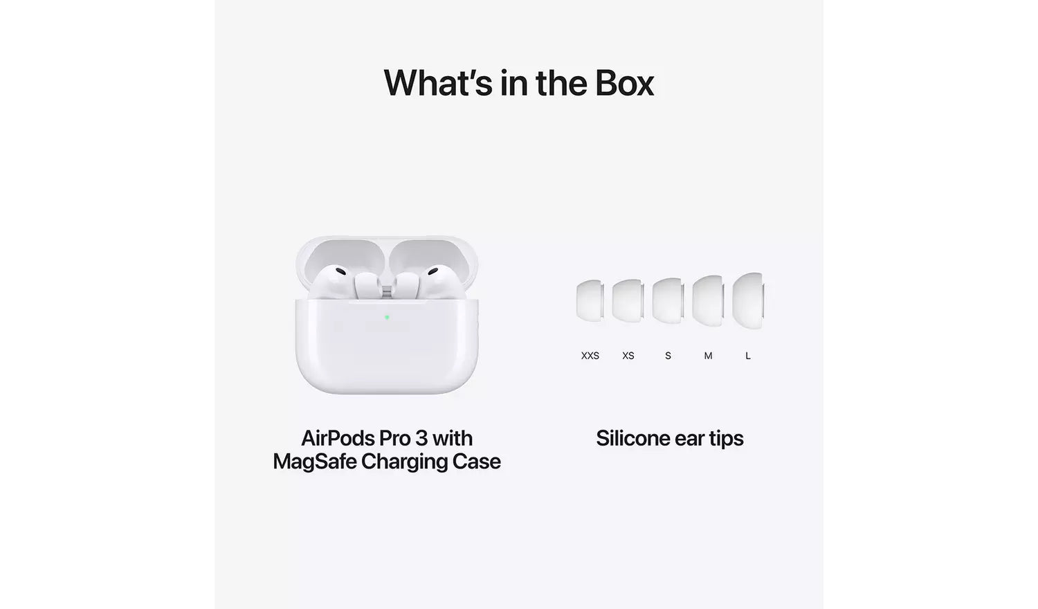 AirPods Pro 3 MagSafe charging case, earbuds, and silicone ear tips in sizes