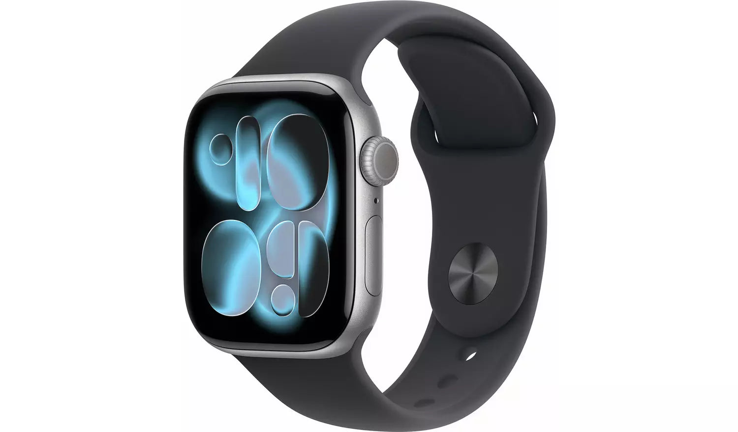 Smartwatch with dark sport band, screen shows teal abstract pattern