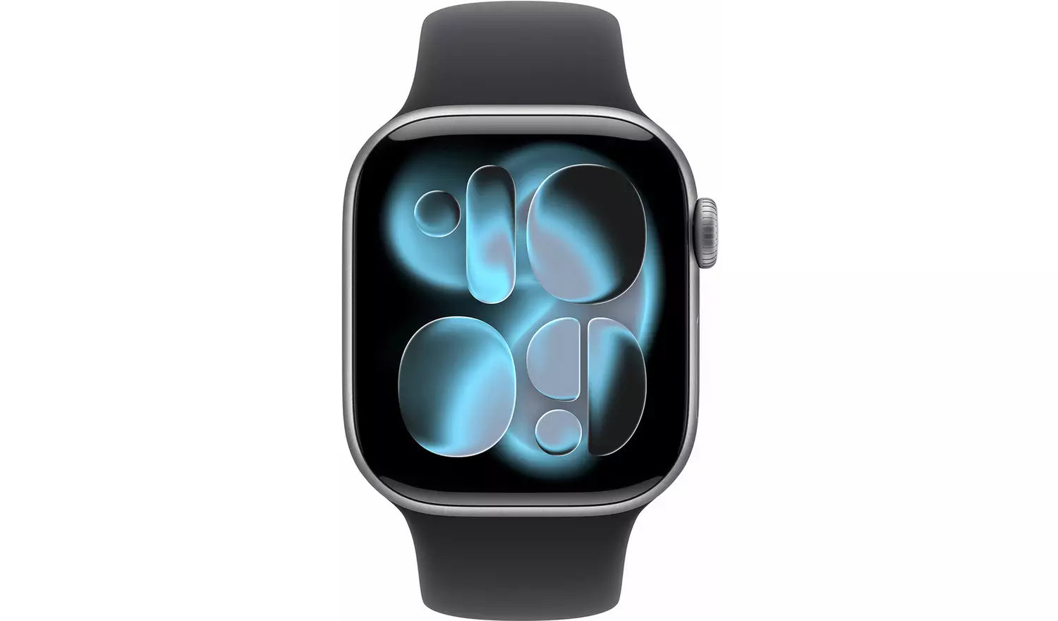 42mm smartwatch front view with dark sport band and teal abstract display