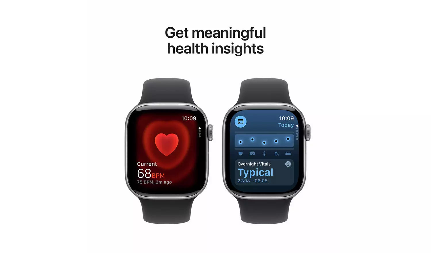 Two smartwatches with dark sport bands, red heart and blue health screen displays