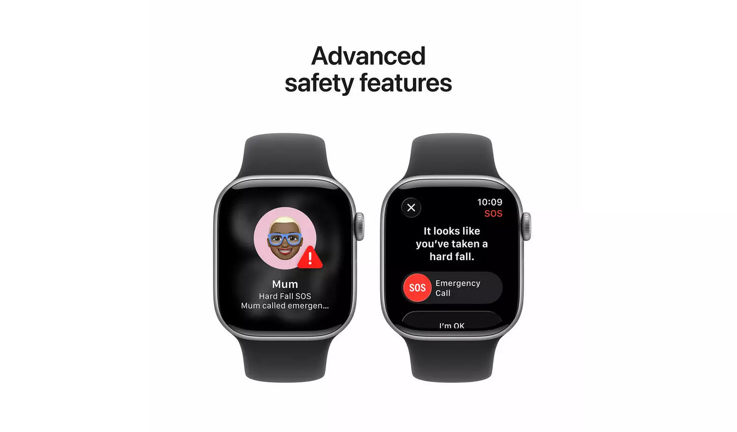 Two smartwatches with dark sport bands, emergency and contact-style screens