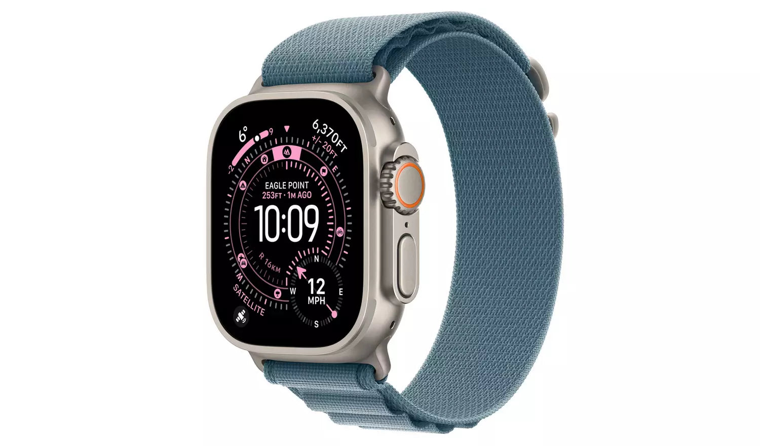 Apple Watch Ultra 3, 49mm Titanium, Light Blue Alpine Loop (M) mit Uhranzeige