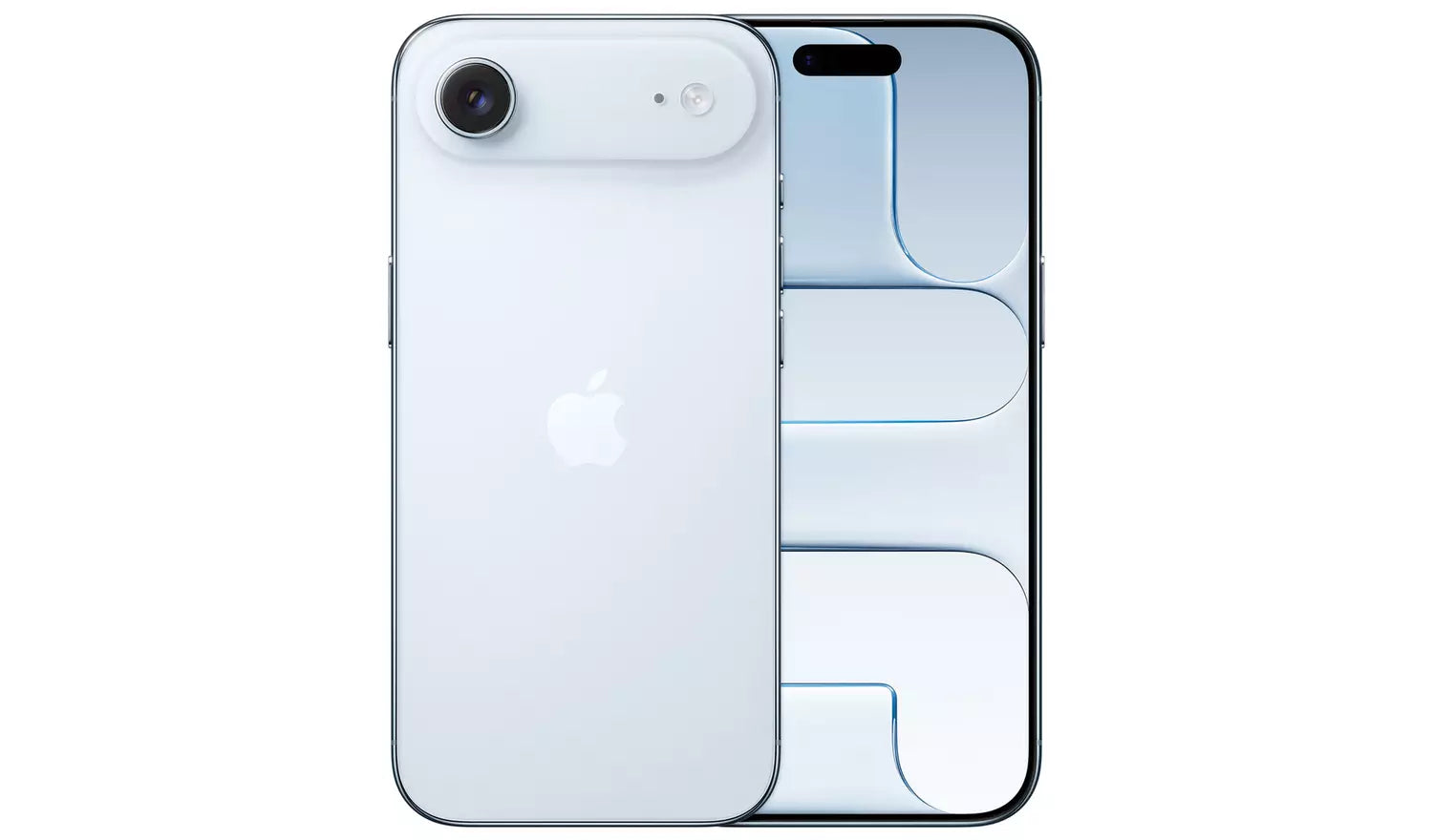 Light blue smartphone back with dual camera and Apple logo, with front view