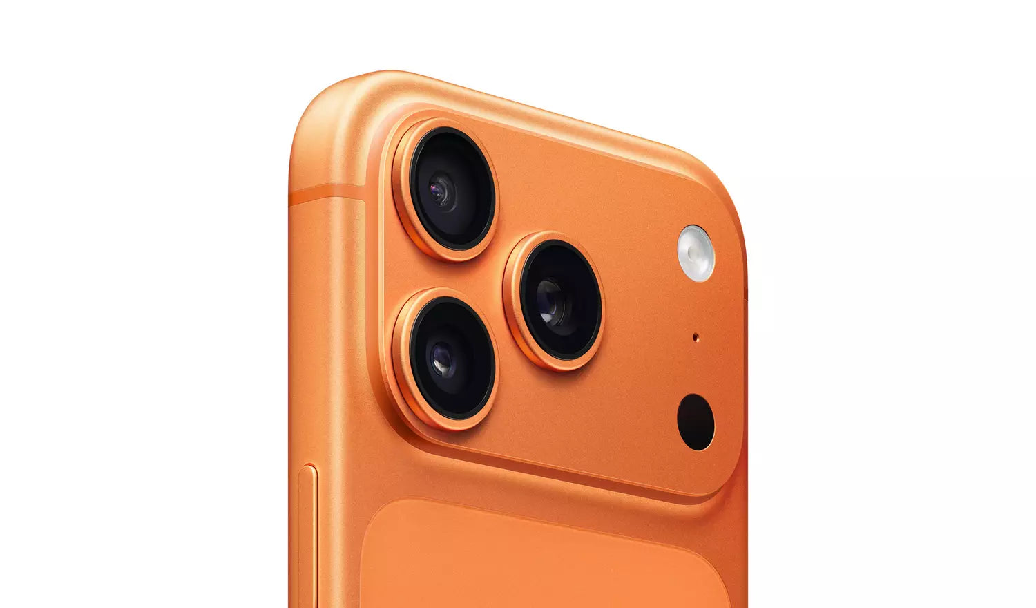 Cosmic Orange iPhone 17 Pro back with triple cameras and flash