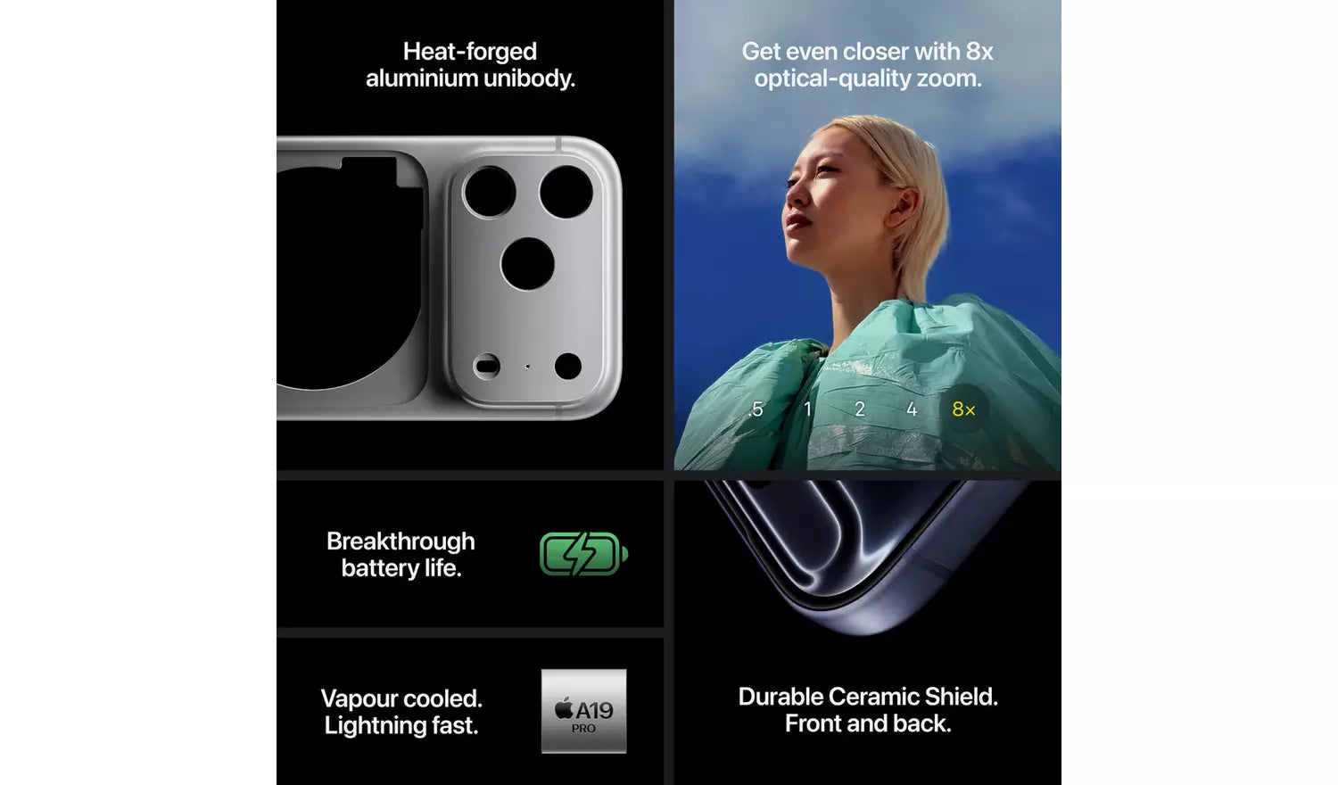 iPhone 17 Pro feature panel showing camera module and durability details