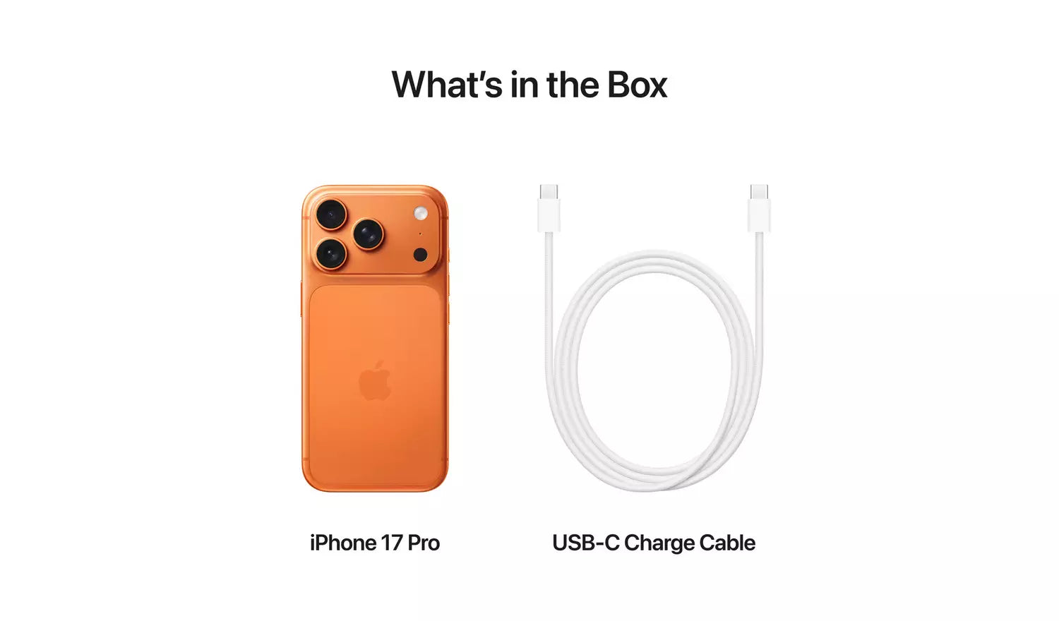 Cosmic Orange iPhone 17 Pro with USB‑C charge cable (box contents)