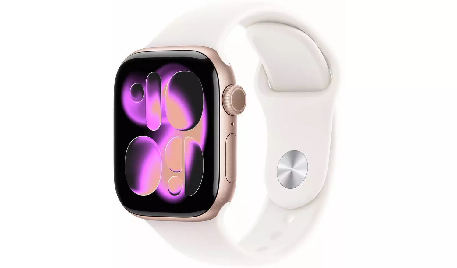 Smartwatch with dark screen and sport band, 42mm, front view with purple dial